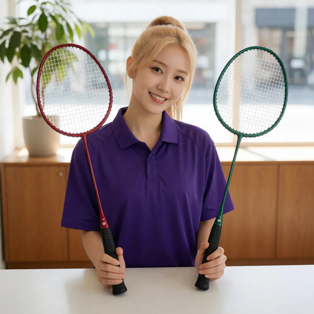 색이 다른 배드민턴 라켓 두 자루를 양손에 들고 견주는 서린입니다.
