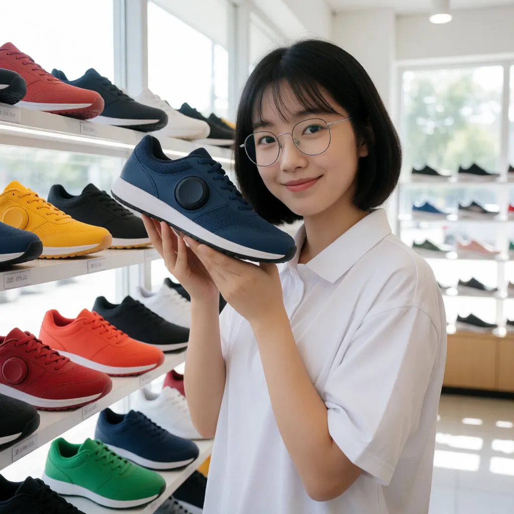 다이얼이 달린 탁구화 한 짝을 두 손으로 들어 보이는 하린입니다. 뒤에는 신발 진열대가 있습니다.