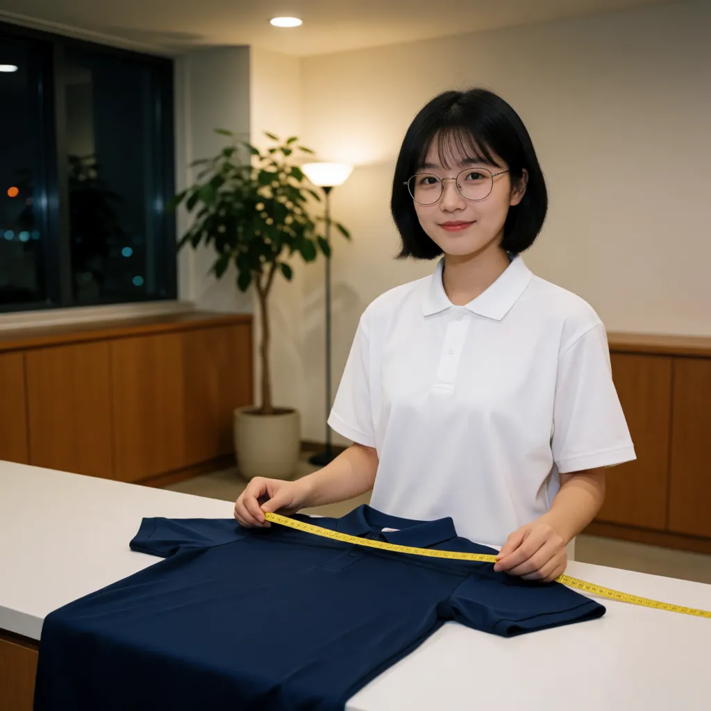 카운터에 펼친 남색 탁구복 위로 줄자를 대고 가슴둘레를 재는 하린입니다.