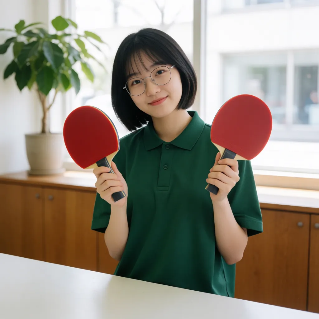 붉은 러버를 붙인 탁구 라켓 두 자루를 얼굴 양옆으로 들어 보이는 하린입니다.