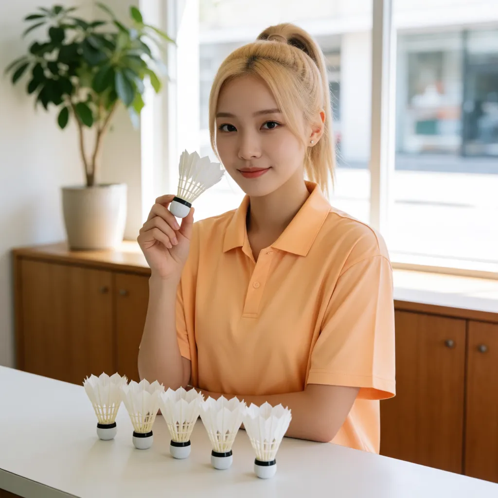 셔틀콕 다섯 개를 카운터에 한 줄로 세워 두고 한 개를 집어 든 서린입니다.