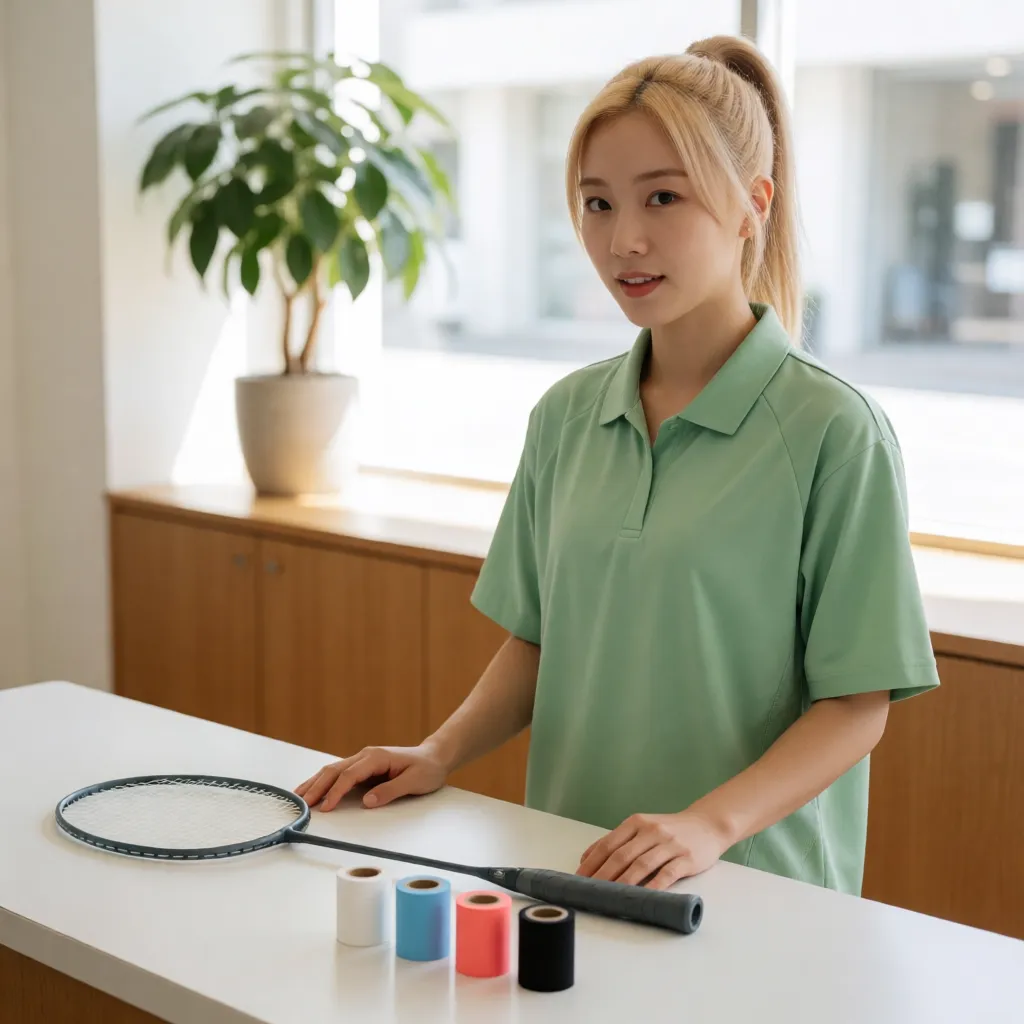 카운터에 라켓 한 자루를 눕혀 두고 그 옆에 그립 롤 4개를 세워 둔 서린입니다.