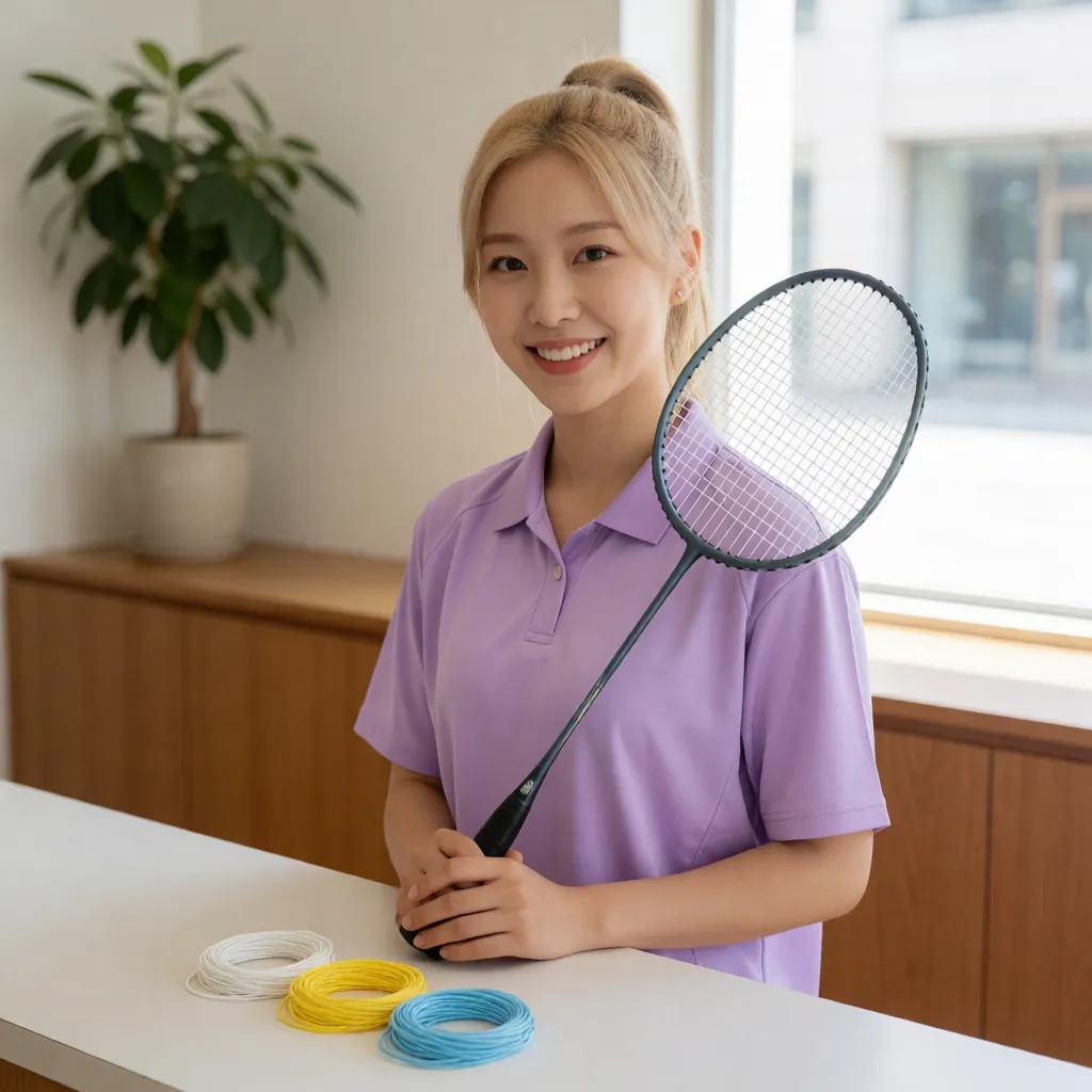라켓을 스트링 면이 보이게 들고, 카운터에 색이 다른 스트링 코일 3개를 놓아 둔 서린입니다.