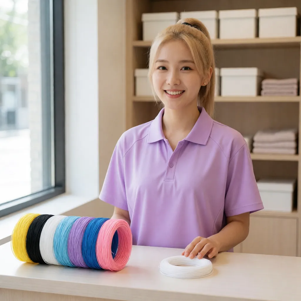 카운터에 색이 다른 스트링 코일 7개와 흰색 코일 하나를 사이를 띄워 나눠 놓고 선 서린입니다.