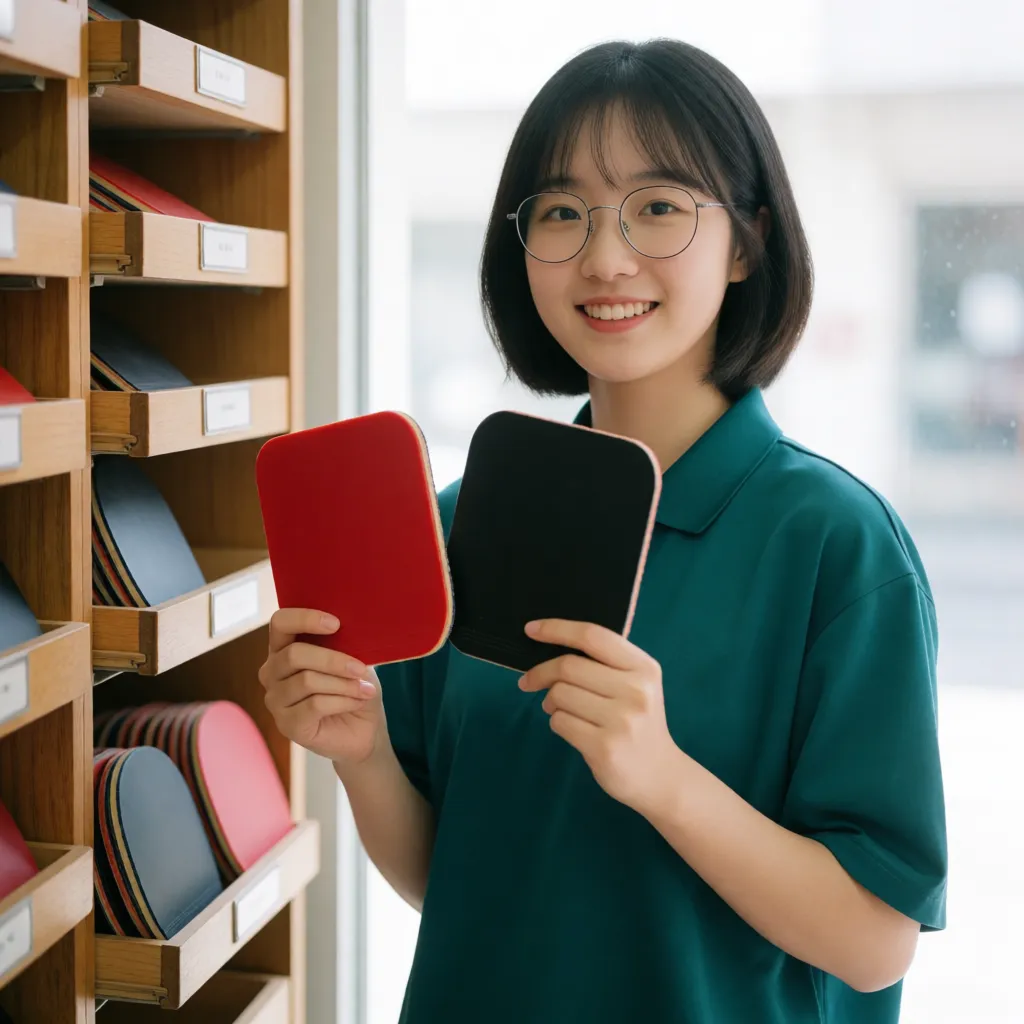 나무 보관장 옆에 서서 빨간 러버 시트와 검은 러버 시트를 나란히 들어 옆면의 스펀지 층을 보여 주는 하린입니다.