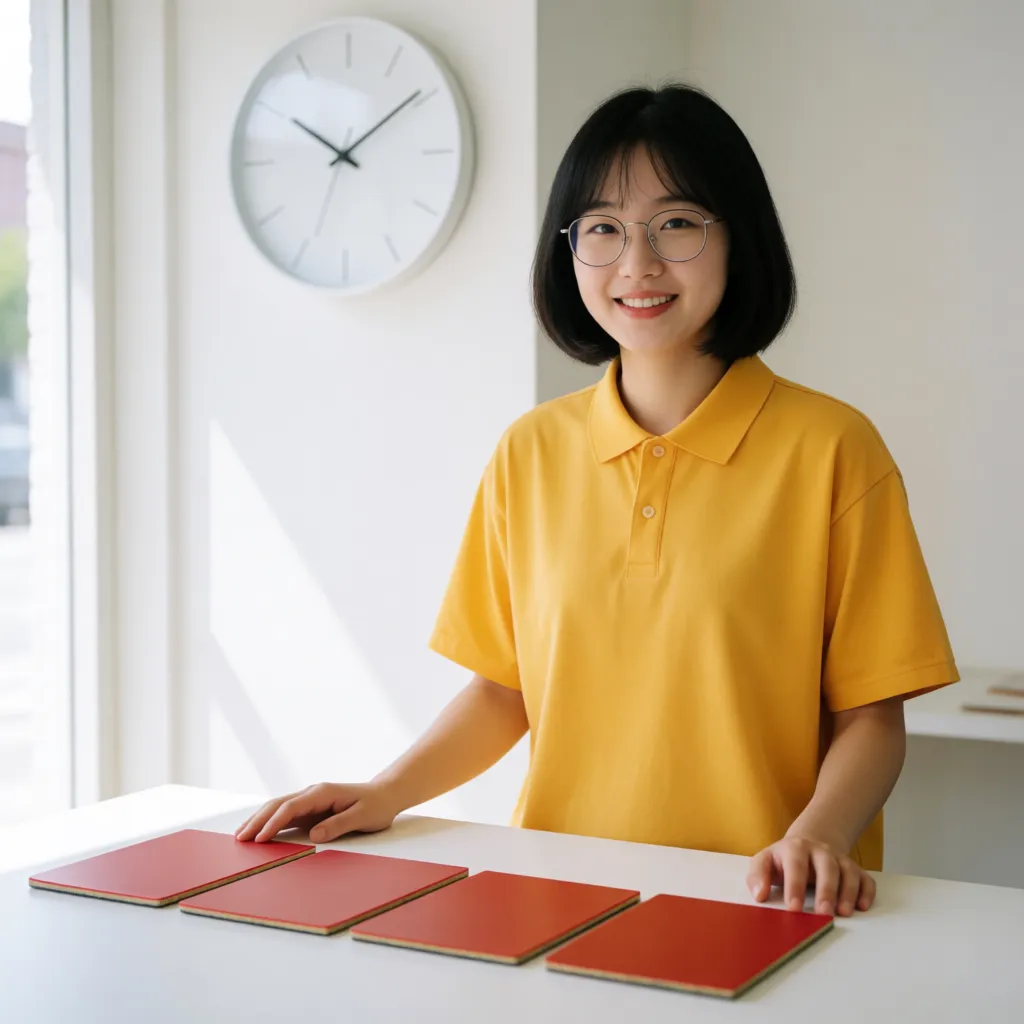 흰 탁자에 빨간 러버 시트 넉 장을 나란히 눕혀 놓고 그 옆에 손을 얹은 채 서 있는 하린입니다. 뒤쪽 흰 벽에는 숫자가 없는 둥근 벽시계가 걸려 있습니다.